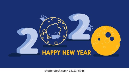 Happy Chinese New Year greeting Card, poster, invitation. Symbol 2020 year of Rat, cute Mouse, Animal cartoon character. Merry Christmas, Vector illustration. Celebration, party, winter holidays.