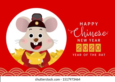 Happy Chinese new year greeting card. 2020 Rat zodiac. Cute mouse in red costume and gold money. Animal holidays cartoon character. Translate: Happy new year. -Vector