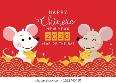 Happy Chinese new year greeting card. 2020 Rat zodiac. Cute mouse and gold money. Animal holidays cartoon character. -Vector