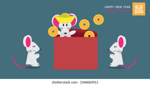 Happy Chinese New Year greeting cards in 2020 with 3 mice and a long tail carrying money, coins in a red envelope, cartoon translation mouse set - vector