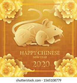 Happy chinese new year greeting card design with the Rat on gold background.paper craft style 