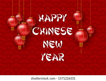 Happy Chinese New Year greeting text with realistic traditional red hanging lanterns. Template for Chinese New Year design. Vector illustration.