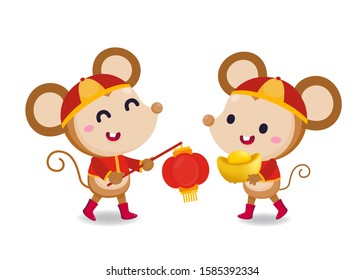 Happy Chinese new year greeting card. 2020 Rat zodiac. Animal cartoon character set. Vector illustration. The year of the rat.