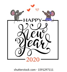 Happy Chinese new year greeting card. 2020 Rat zodiac. Cute mouse and lettering. Animal holidays cartoon character.