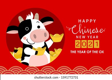 Happy Chinese new year greeting card. 2021 Ox zodiac. Cute cow and gold money. Animal holidays cartoon character. -Vector