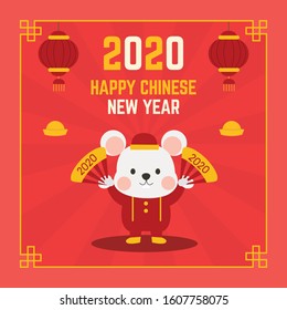 Happy Chinese new year greeting card. 2020 Rat zodiac. Cute mouse in red costume, fan and gold money. Animal holidays cartoon character. Translate: Happy new year and Rat. -Vector