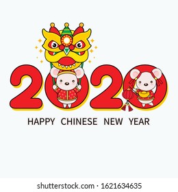 Happy Chinese new year greeting card.The year of rat. Lion dance and little rat.