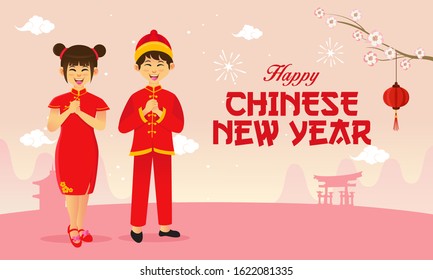 Happy Chinese new year greeting card. Chinese children wearing national 
costumes celebrating Chinese New Year festival.