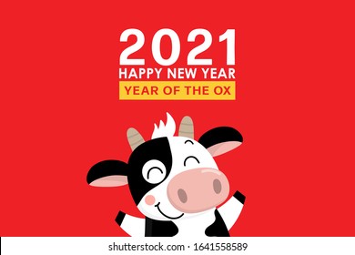 Happy Chinese new year greeting card. 2021 Ox zodiac. Cute cow on red background. Animal holidays cartoon character. -Vector