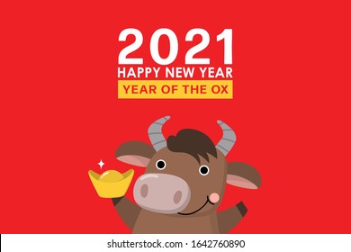 Happy Chinese new year greeting card. 2021 Ox zodiac. Cute cow and gold money. Animal holidays cartoon character. -Vector