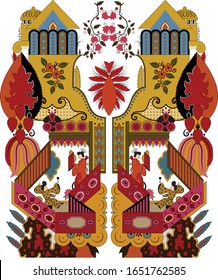 Happy Chinese New Year greeting card with festive town. Traditional Chinese townscape of street with pagoda and gate, decorated by red paper lanterns. Asian Spring Festival holidays poster design