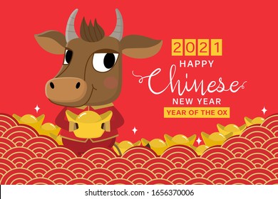 Happy Chinese new year greeting card. 2021 Ox zodiac. Cute cow and gold money.  Animal holidays cartoon character. Translate: Happy New Year. -Vector