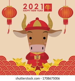 Happy Chinese new year greeting card. 2021 Ox zodiac. Cute cow and gold money. Animal holidays cartoon character. Translate: Ox. -Vector