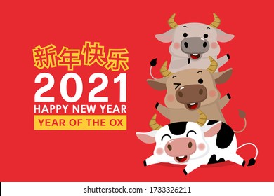 Happy Chinese new year greeting card. 2021, Year of the ox. Three cute bull, male cow on red background. Animal holidays cartoon character. Translate: Happy New Year. -Vector