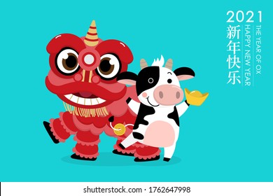 Happy Chinese new year greeting card. 2021 Ox zodiac. Cute cow with money and red lion dance. Animal holidays cartoon character. Translate: Happy new year. -Vector