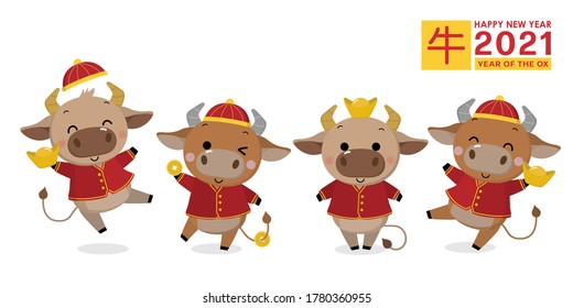 tarjeta de felicitación china de feliz año nuevo. 2021 Ox zodiac. Una vaca linda con traje rojo y dinero dorado. Personaje de caricatura de las festividades animales. Traducir: Ox. -Vector