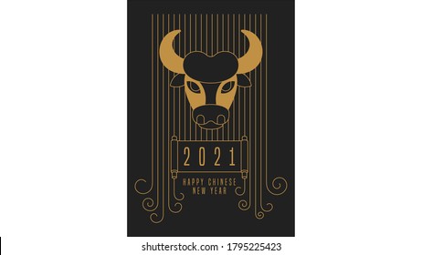 Happy Chinese New Year greeting card. 2021. Golden Bull Head on a black background. Zodiac sign ox, cow or bull. Lunar horoscope, calendar.