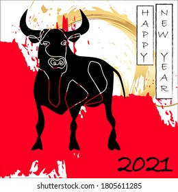 Happy Chinese New Year greeting card 2021. Aggressive black bull against background of golden sun. Red strokes of paint. Zodiac sign ox, cow or bull. Lunar horoscope, calendar.