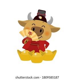 Happy Chinese new year greeting card. 2021 Ox zodiac. Cute cow in red costume and gold money. Animal holidays cartoon character. 