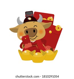 Happy Chinese new year greeting card. 2021 Ox zodiac. Cute cow in red costume and gold money. Animal holidays cartoon character. 