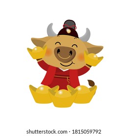 Happy Chinese new year greeting card. 2021 Ox zodiac. Cute cow in red costume and gold money. Animal holidays cartoon character.  -Vector