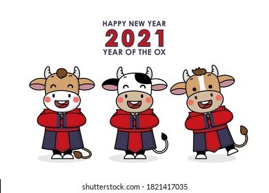 Happy Chinese new year greeting card. 2021 Ox zodiac. Animal holidays cartoon character. Translated: Ox. -Vector