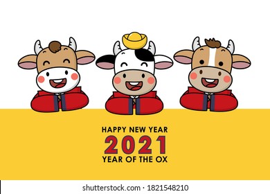 Happy Chinese new year greeting card. 2021 Ox zodiac. Cute cow and gold money. Animal holidays cartoon character.  -Vector