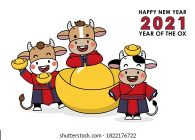 Happy Chinese new year greeting card. 2021 Ox zodiac. Cute cow in red costume and gold money. Animal holidays cartoon character. -Vector