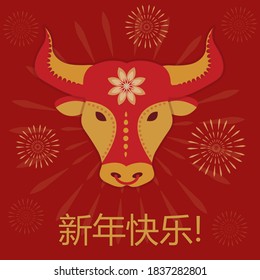 Happy Chinese New Year greeting card, template for your design. 2021 bull in the Chinese calendar. Vector illustration