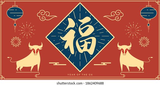 Happy Chinese New Year greeting card 2021，Year of the ox，Chinese new year poster complete，Spring couplets of the fu,chinese character means:Happy new year.