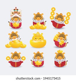 Happy Chinese new year greeting card 2022 year of tiger zodiac, set of cute tiger and wealth chinese gold ingots and glod money. Animal cartoon character isolated on white background vector 