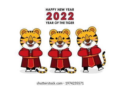 Happy Chinese new year greeting card 2022 with cute tiger wear red costume Animal holidays cartoon character. -Vector