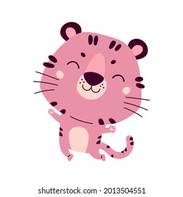 Happy Chinese New Year greeting card 2022. Funny animal in the Chinese zodiac. Tiger zodiac symbol. Chinese New Year character design concept. Cute pink tiger. Cartoon vector illustration.