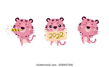 Happy Chinese New Year greeting card 2022. Funny animals symbol in the Chinese zodiac. New Year characters design concept. Cute pink tigers with with attributes. Cartoon vector illustration.