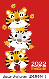 Happy Chinese new year greeting card 2022 with cute tiger in red costume with wealth gold money. Animal holidays cartoon character. 