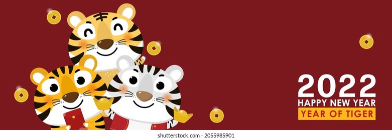 Happy Chinese new year greeting card 2022 with cute tiger in red costume with wealth gold money. Animal holidays cartoon character. 