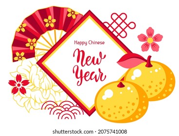 Happy Chinese New Year greeting card. Background with talismans and holiday decorations. Asian tradition symbols.