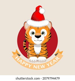 Happy Chinese new year greeting card. 2022 Tiger zodiac. Cute baby tiger with Santa hat  in green round window with banner Happy new year. Animal cartoon character.
