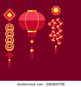 Happy Chinese New Year greeting card. Background with talismans and holiday decorations. Asian tradition symbols.