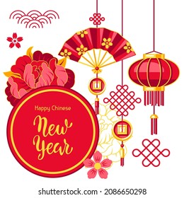 Happy Chinese New Year greeting card. Background with talismans and holiday decorations. Asian tradition symbols.