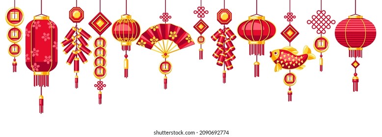 Happy Chinese New Year greeting card with hanging lanterns. Background with talismans and holiday decorations. Asian tradition symbols.