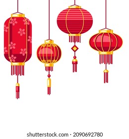 Happy Chinese New Year greeting card with hanging lanterns. Background with talismans and holiday decorations. Asian tradition symbols.
