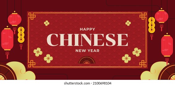 Happy Chinese New Year greeting card, banner, poster and printables. Including cny elements like lantern, cloud, hand fan and flower