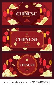 Happy Chinese New Year greeting card, social media post, banner and printables. Including cny elements like lantern, cloud, hand fan and flower. Vector pack bundle
