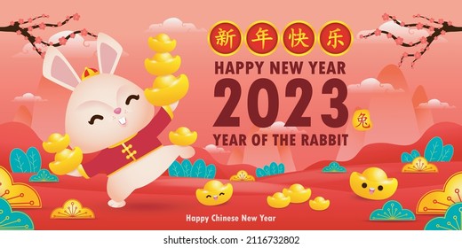 Happy Chinese new year greeting card 2023 cute rabbit with chinese gold ingots, year of the rabbit zodiac, gong xi fa cai cartoon character isolated vector illustration Translate Happy New Year