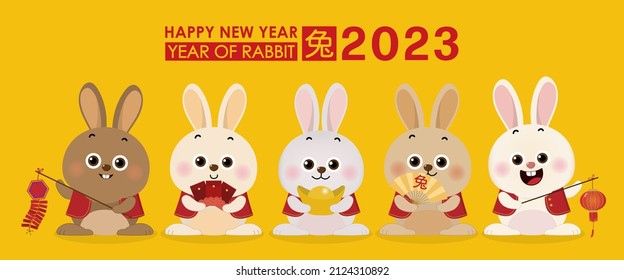 Happy Chinese new year greeting card 2023 with cute rabbit in red costume with wealth gold money. Animal holidays cartoon character. Translate: Rabbit. -Vector