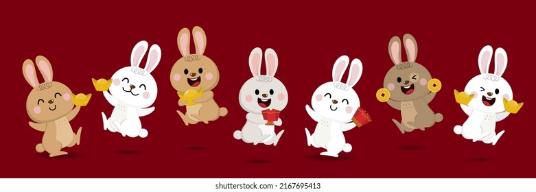 Happy Chinese new year greeting card 2023 with cute rabbit with wealth gold money. Animal holidays cartoon character. -Vector
