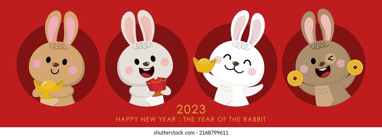 Happy Chinese new year greeting card 2023 with cute rabbit with wealth gold money. Animal holidays cartoon character. -Vector