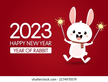 Happy Chinese new year greeting card 2023 with cute rabbit. Animal holidays cartoon character. Rabbit icon vector.