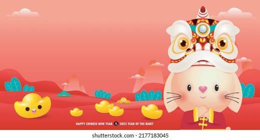 Happy Chinese new year greeting card 2023 cute rabbit with lion dance and chinese gold ingots, year of the rabbit zodiac, gong xi fa cai cartoon character isolated vector Translate Happy New Year